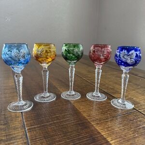Vtg Set of 5 Nachtmann Traube Cut‎ to Clear Crystal Cordial Glasses Mixed Colors